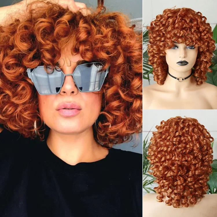 Short Afro Synthetic Orange Kinky Curly Wigs with Bangs for Black Women Natural Heat Resistant Hair Cosplay Highlight Wigs