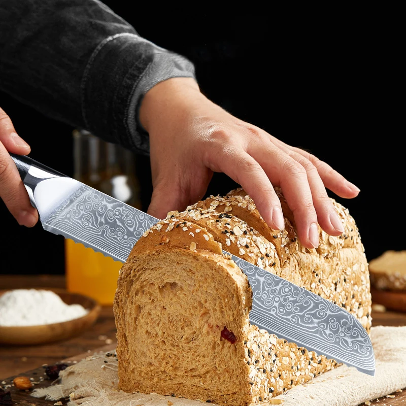 8-Inch Serrated Bread Knife Japanese Damascus Steel VG10 Chef's Knife Super Sharp Kitchen Knife for Cutting Bread and Cake Knife