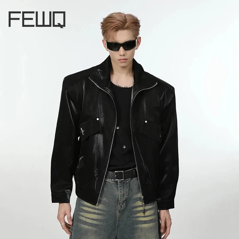 

FEWQ Niche Design PU Leather Jacket Feel Shoulder Pad Autumn Winter Metal Highend Trend 2024 Long Sleeve Male Tops Winter