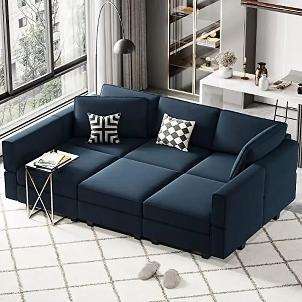 Modular Velvet Sectional Sleeper Sofa with Storage Chaise Lounge Bed Blue Lightweight Sectional Couch Modern Design Custom