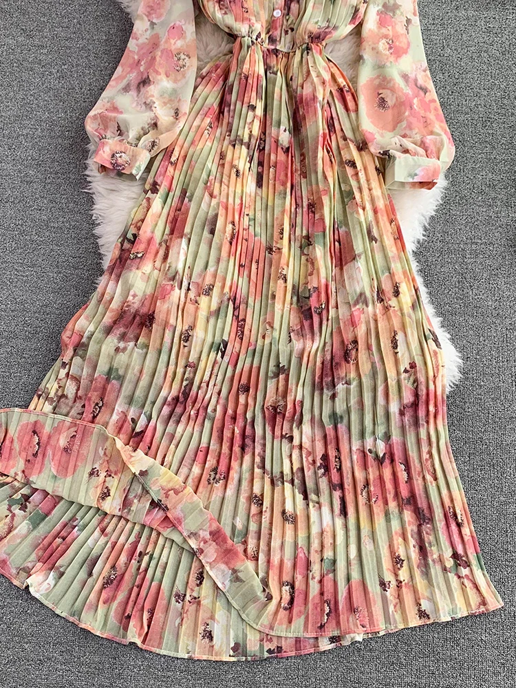 Spring Autumn Bohemian Women Tie Dye Printed Pleated Long Dress Boho Stand Collar Puff Sleeve High Waist Draped Maxi Vestido New