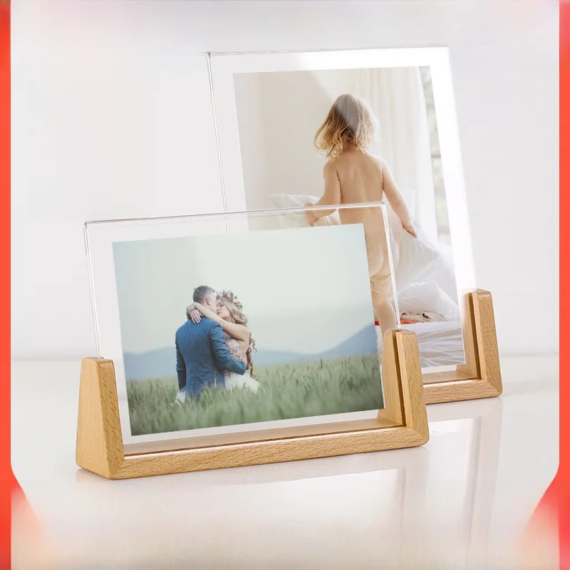 Acrylic Picture Frame Walnut Base U-Shaped Dry Flower Frame 6 Inch 7 Inch Stand Modern Simplicity Home Decoration