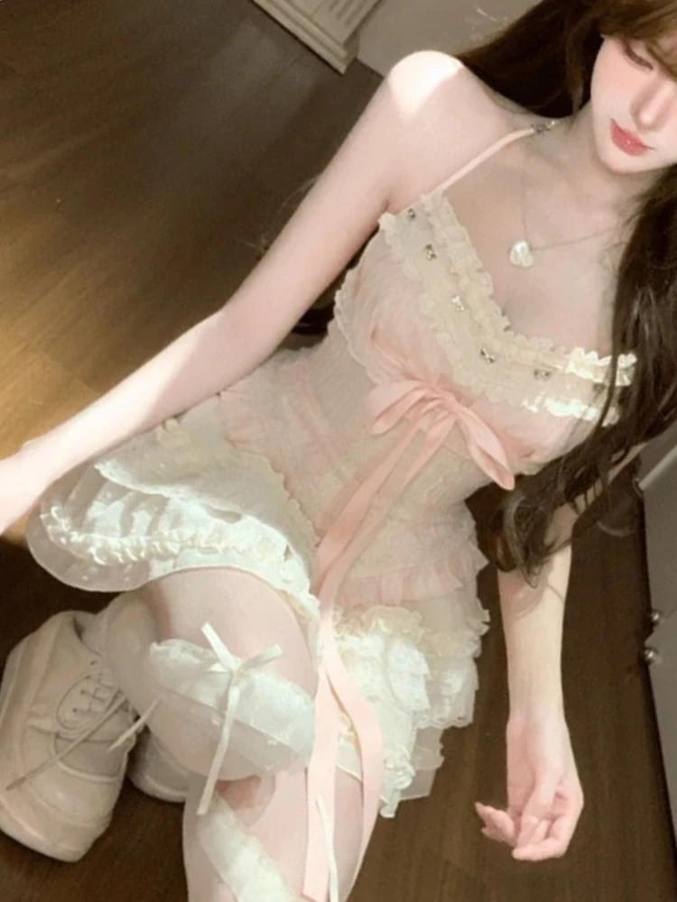 

French Style Pure Desire Pink Sweet Girl Vest Bowknot Halter Neck Crop Top and High Waist Puffy Lace Cake Short Skirt Set