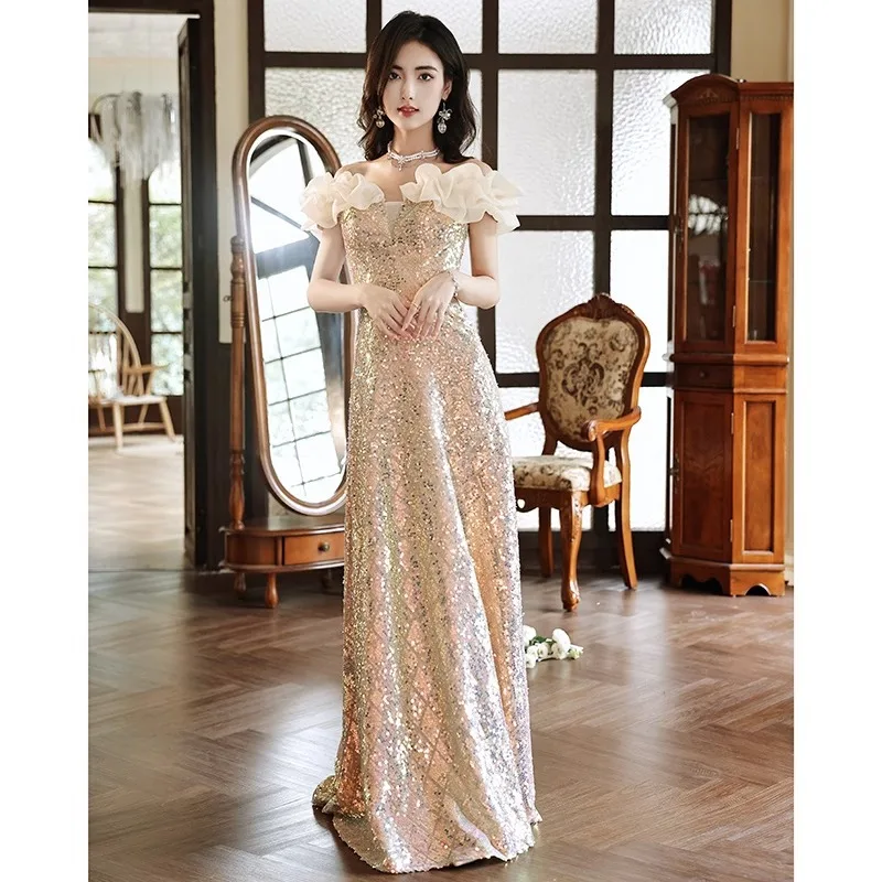 

Champagne Long Evening Wedding Dress Sequins Off the Shoulder A-line Floor-length Plus Size Women Party Formal Gowns Customized