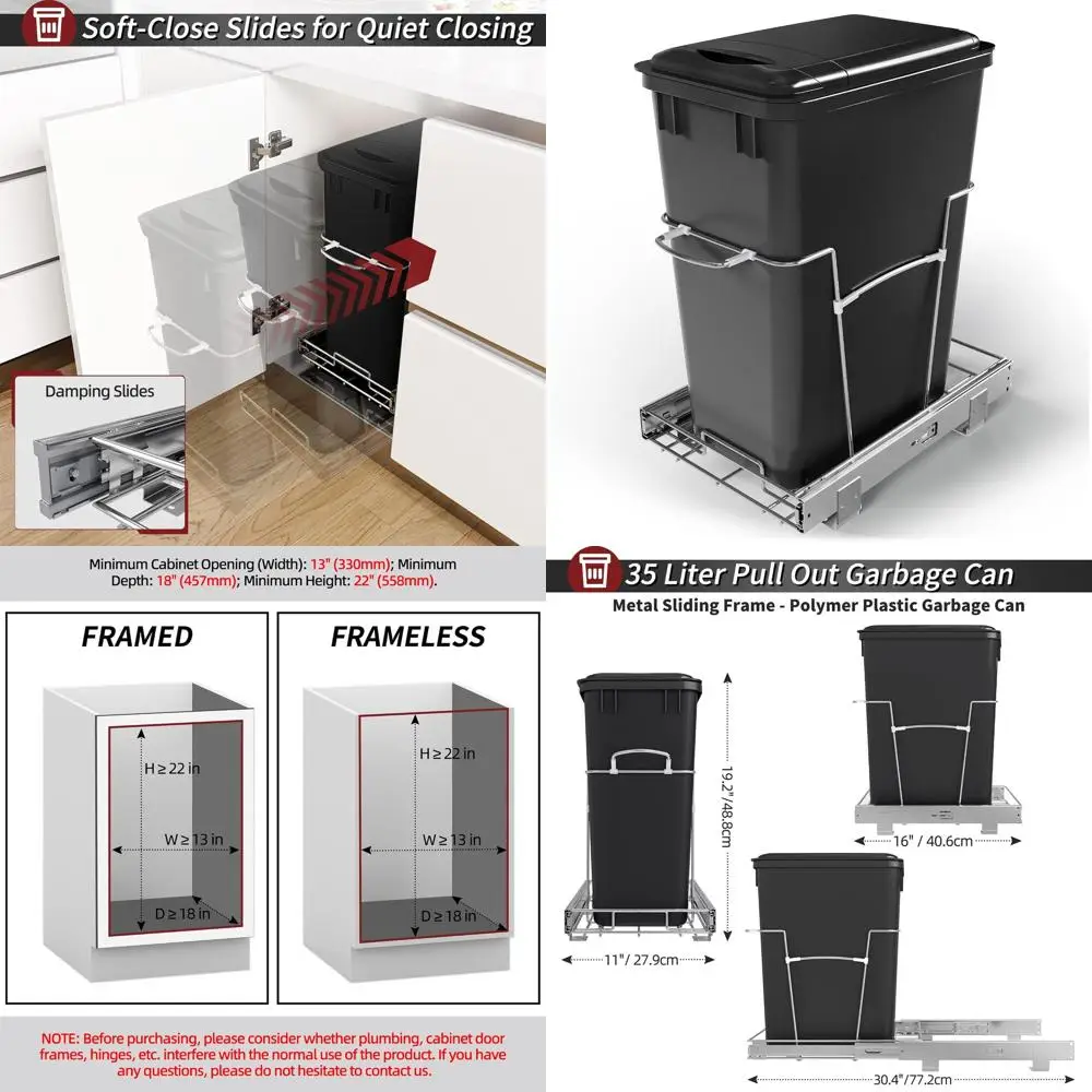 

35 Qt Soft-Close Under-Sink Trash Bin with Full Extension Slides, Hidden Kitchen Recycling Bin, Black