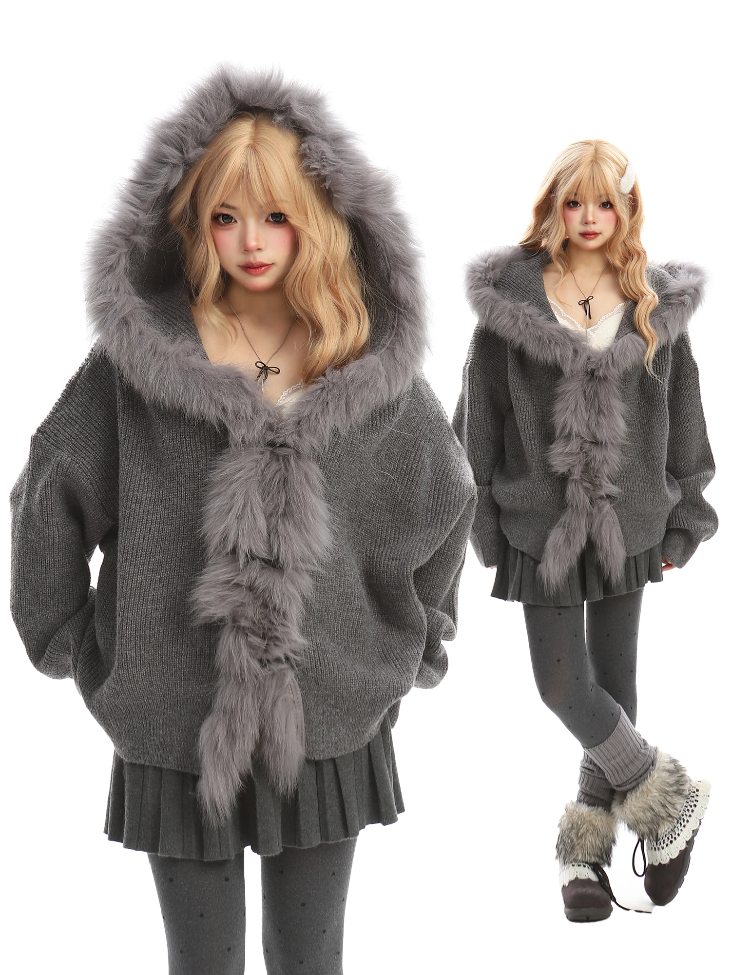 

Beargirl American Sle Loose Knitted Sweater with Large Fur Collar And Horn Buttons Women's Autumn Winter Open Cardigan