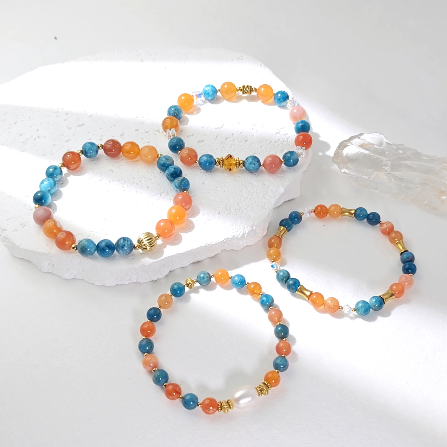 

Lii Ji Natural Stone Apatite Carnelian 6/8mm With Crystal Stainless Steel American 14K Gold Filled Elastic Bracelet