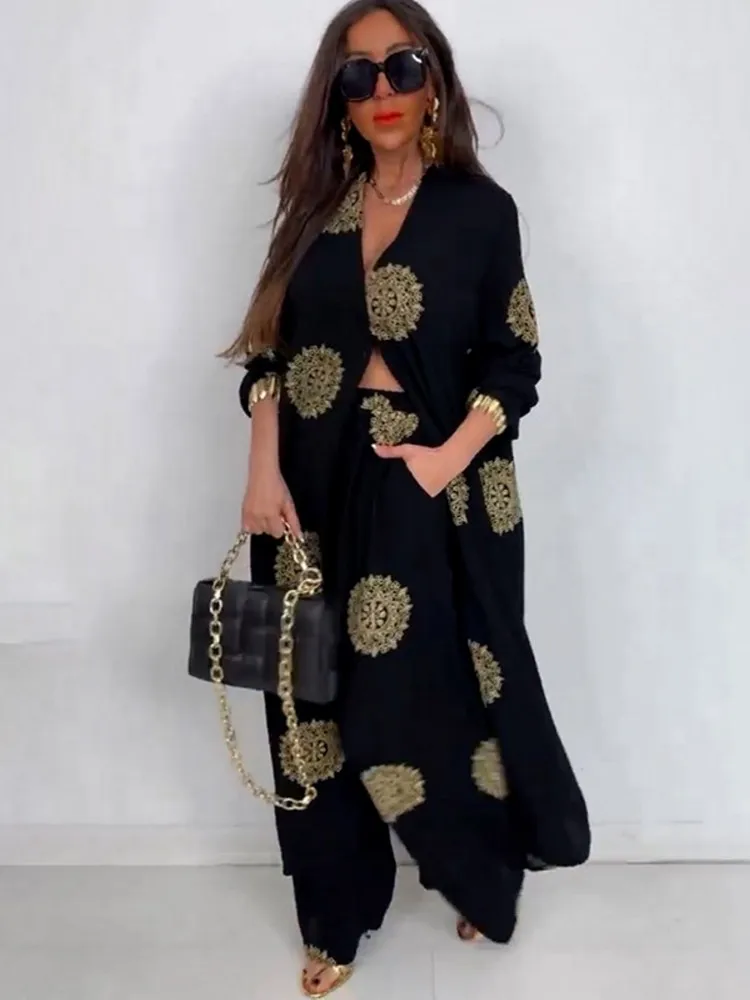 

2 Piece Set Dashiki African Women Cardigan Long Trench Tops And Pant Suit Casual Clothes Boho Sexy Two Piece Outfits 2025