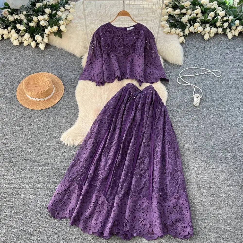 

Chic Vintage rhinestone lace Elegant High Waist Korean Fashion Vestidos Two Piece Set women clothing