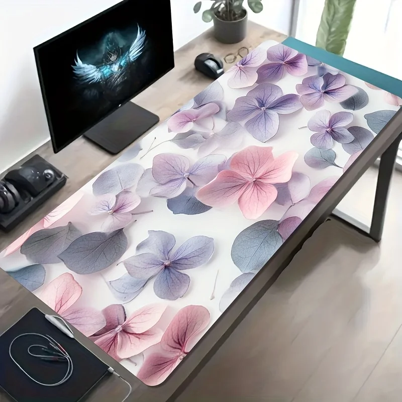 Brand Large Gaming Mouse Pad Non-Slip Washable Rubber Base Pink Purple Hydrangea Blue Leaf Print Extra-Long Desk Mat Office Comp