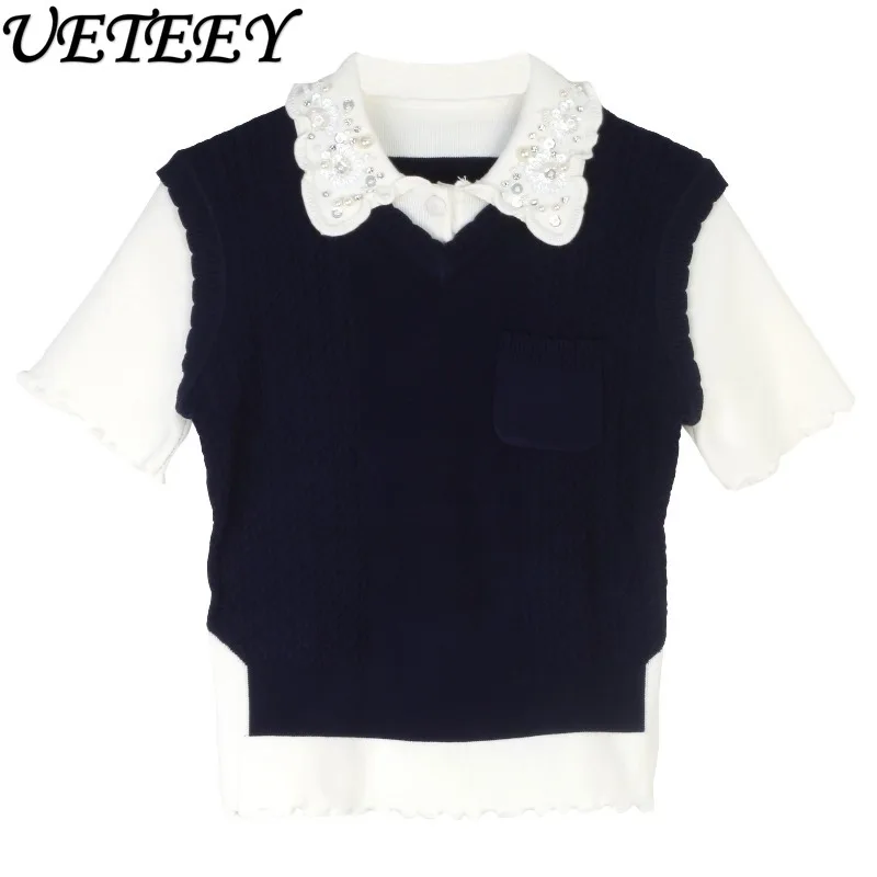 Outono nova camisa de base doce para mulheres gola polo curto fino topo francês romântico estilo socialite manga curta pulôver