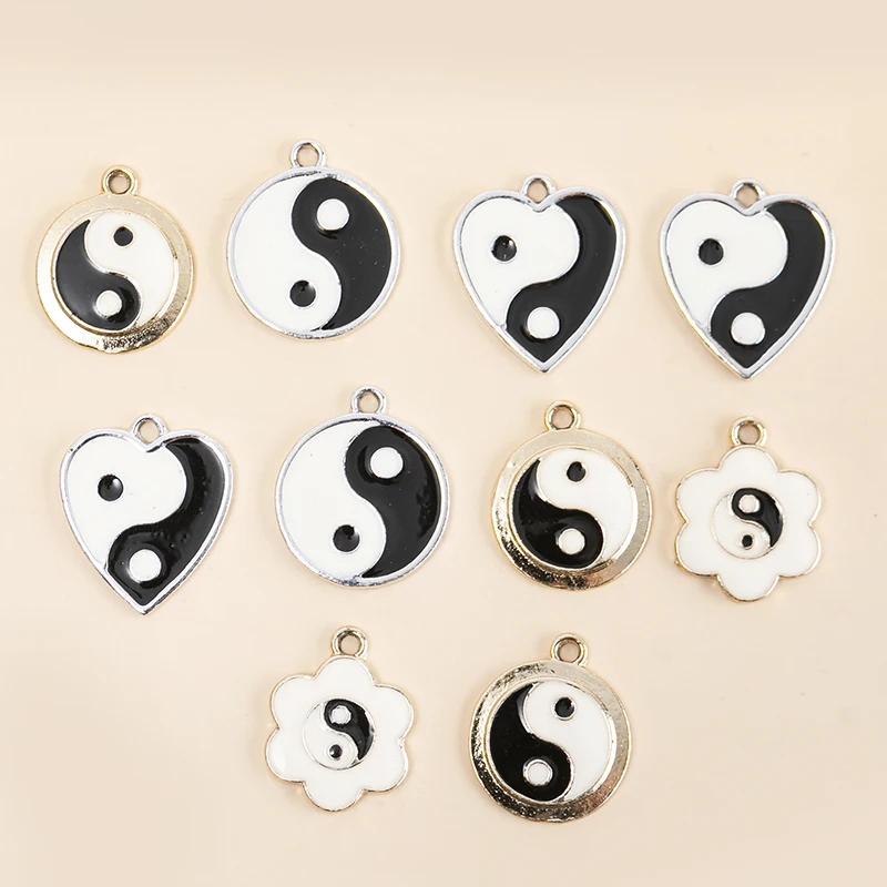 10pcs Enamel Heart Round Kongfu Tai Chi Charms Pendants For DIY Yin Yang Charms Bracelets Necklace Earrings Jewelry Accessories