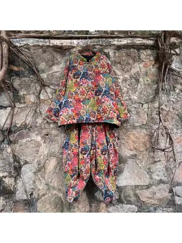 Vintage Ethnic Style Printed Cotton Linen Quilted Thick Jacket + Harem Pants Two Piece Set Women Winter Pant Set JLJ574