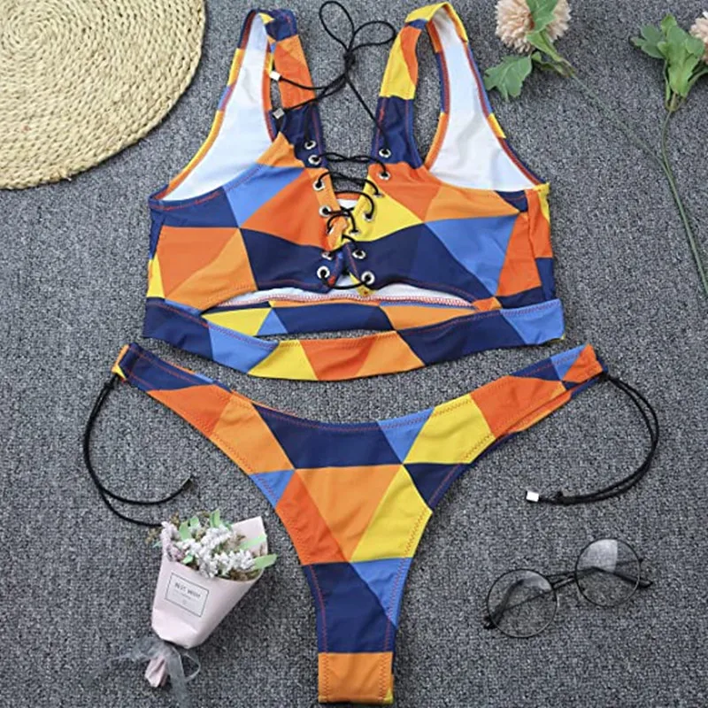 2024 Women Tankini Swimsuit Bikinis Set Sexy Bandeau Push Up African Print Thong Cross Lace Up Swimwear Biquini Bathing Suit