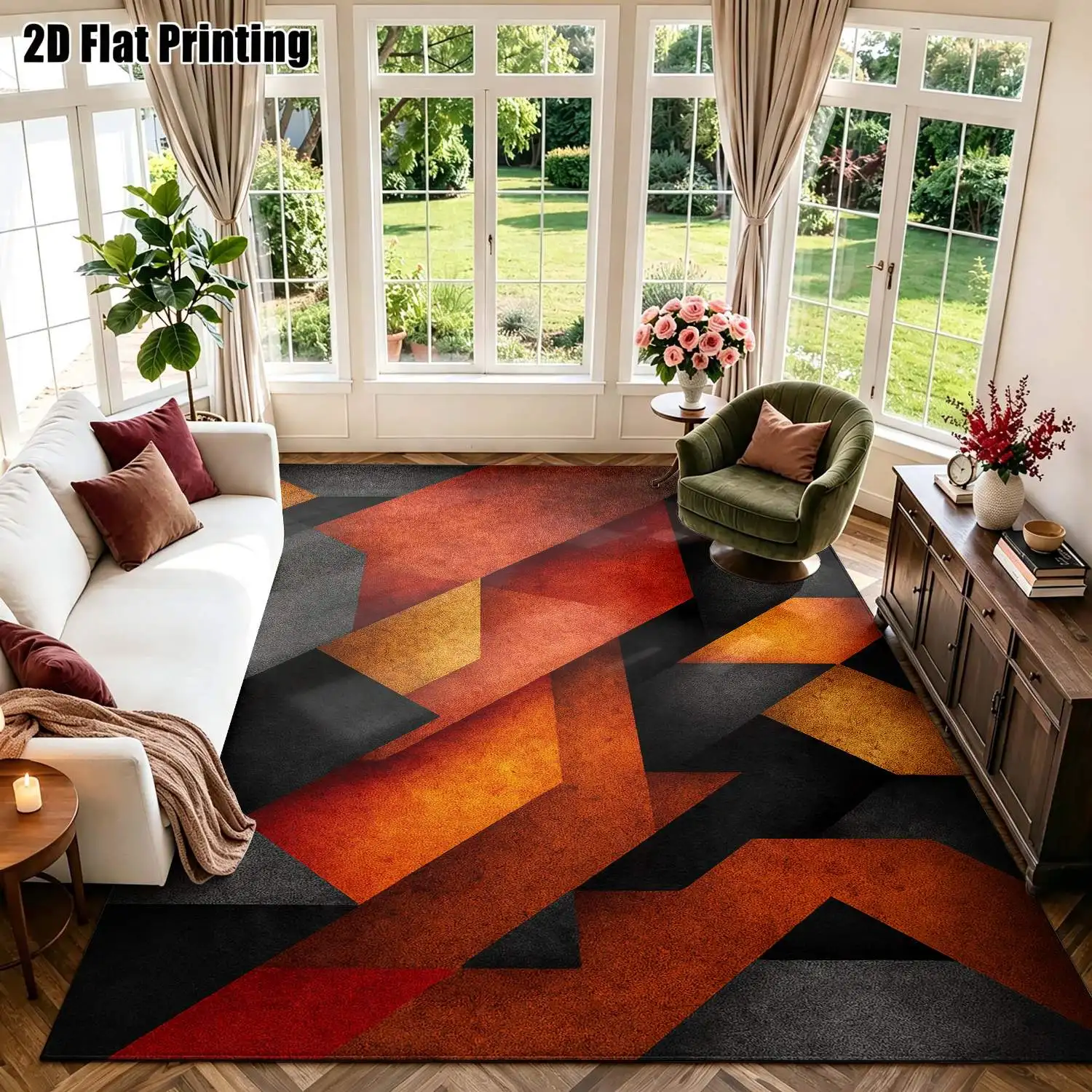 1Pc 2D Printed Carpet: Red, Black & Orange Geometric Abstract Patterns Modern Simple Rug for European Style, Vintage Decor, Multiple Sizes, Machine Washable, Ideal for Living Room, Bedroom, Dining Room, Entryway, Study.