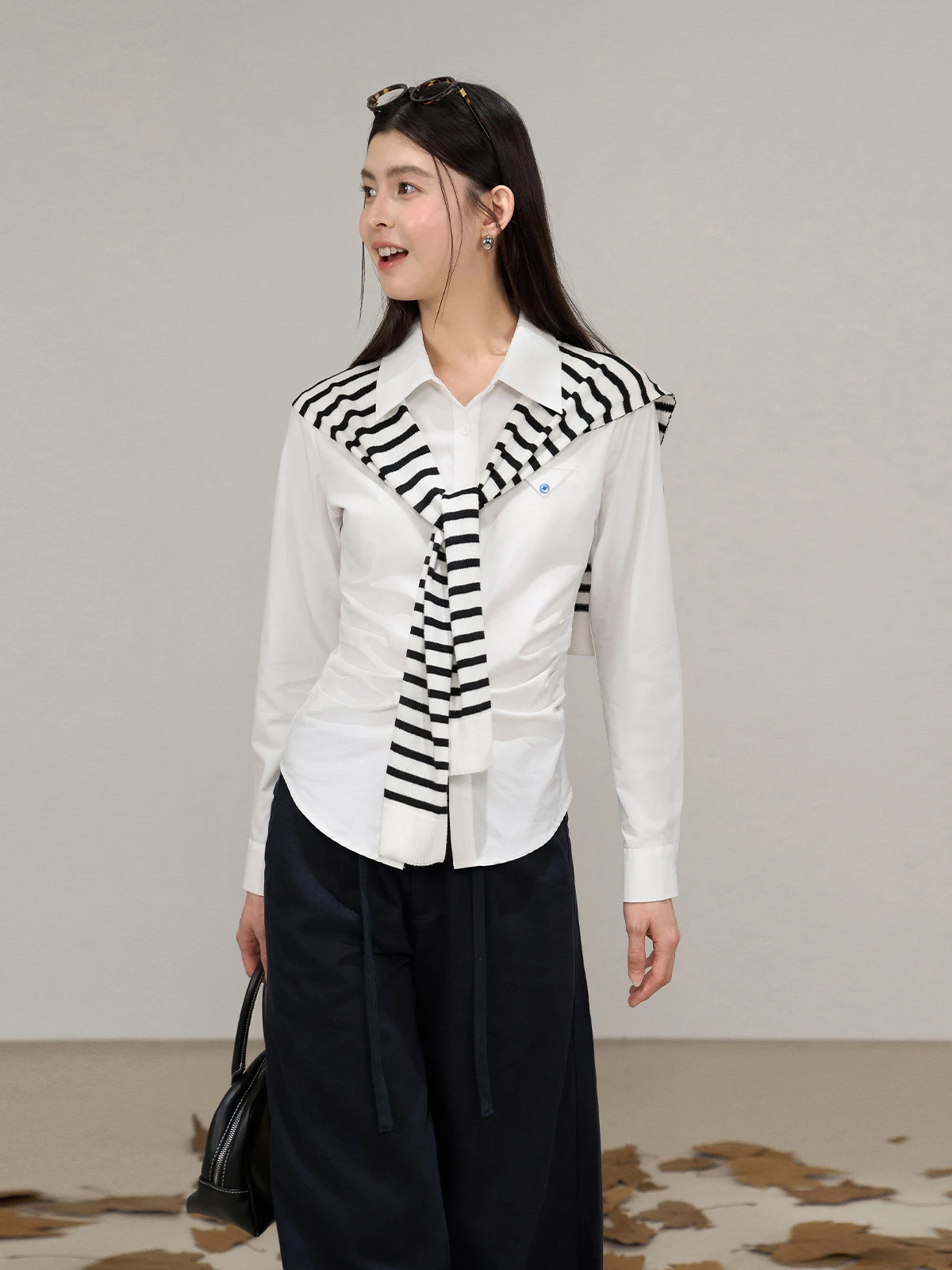 

Slim Fit Long Sve Ne irt Women's Sle Waist Cinched Spring New Arrival Ele Thinming Top by Xujing White