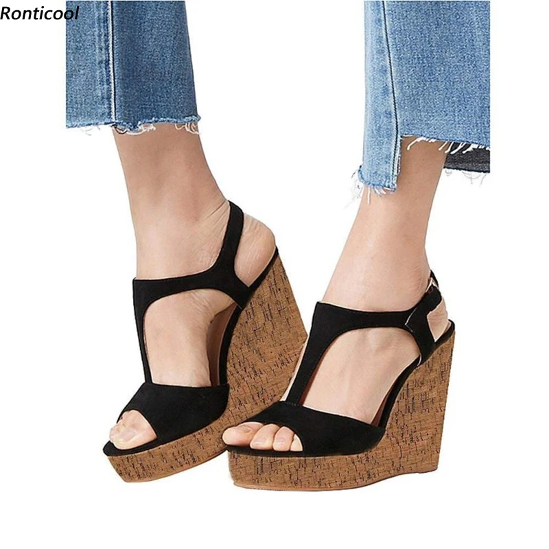 

Ronticool/женские сандалии ручной работы с Т-образным ремешком, черные повседневные туфли на танкетке с пряжкой и ремешком, размер США 35-45