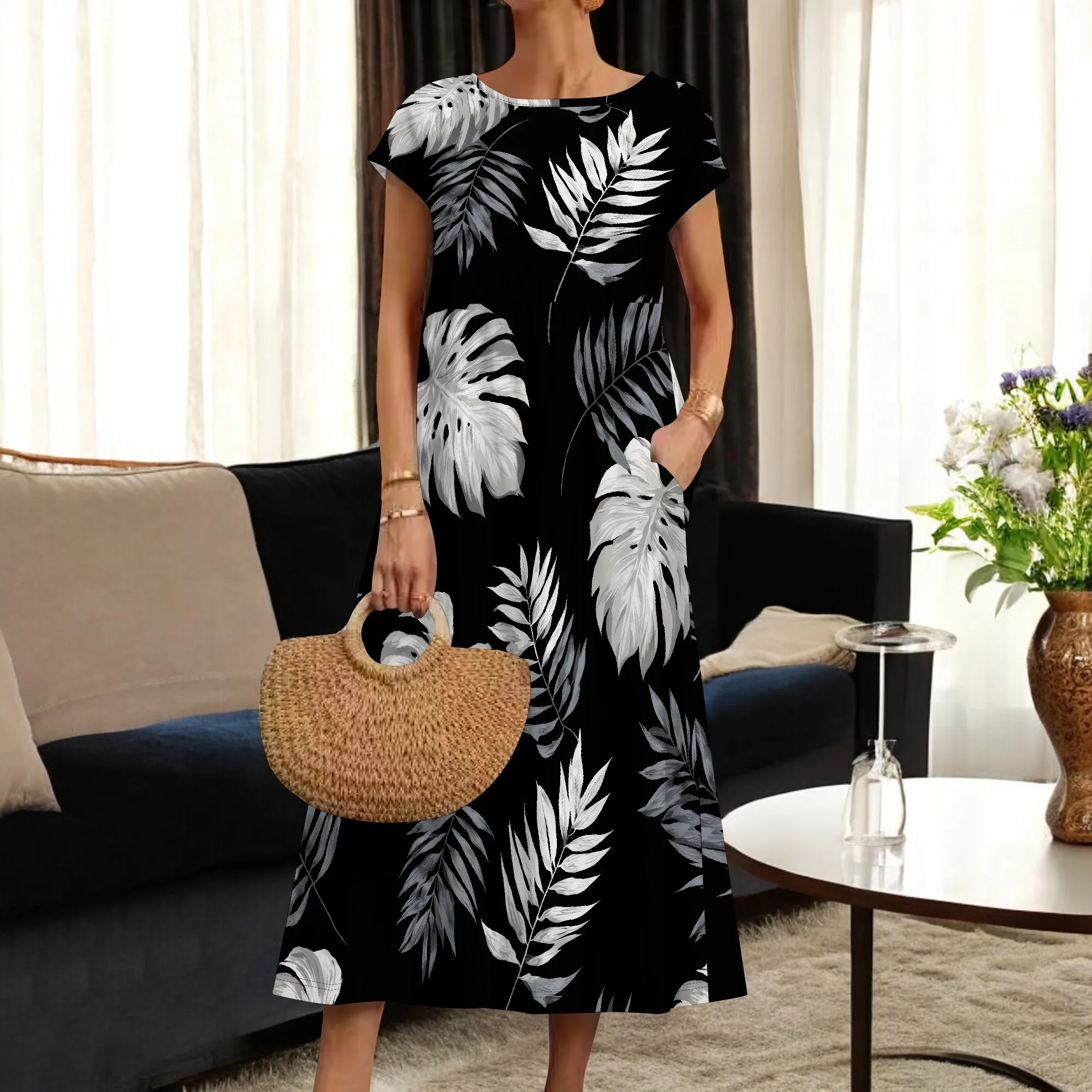 Abito lungo da donna a maniche corte casual estivo ampio tinta unita comodi abiti lunghi con tasche
