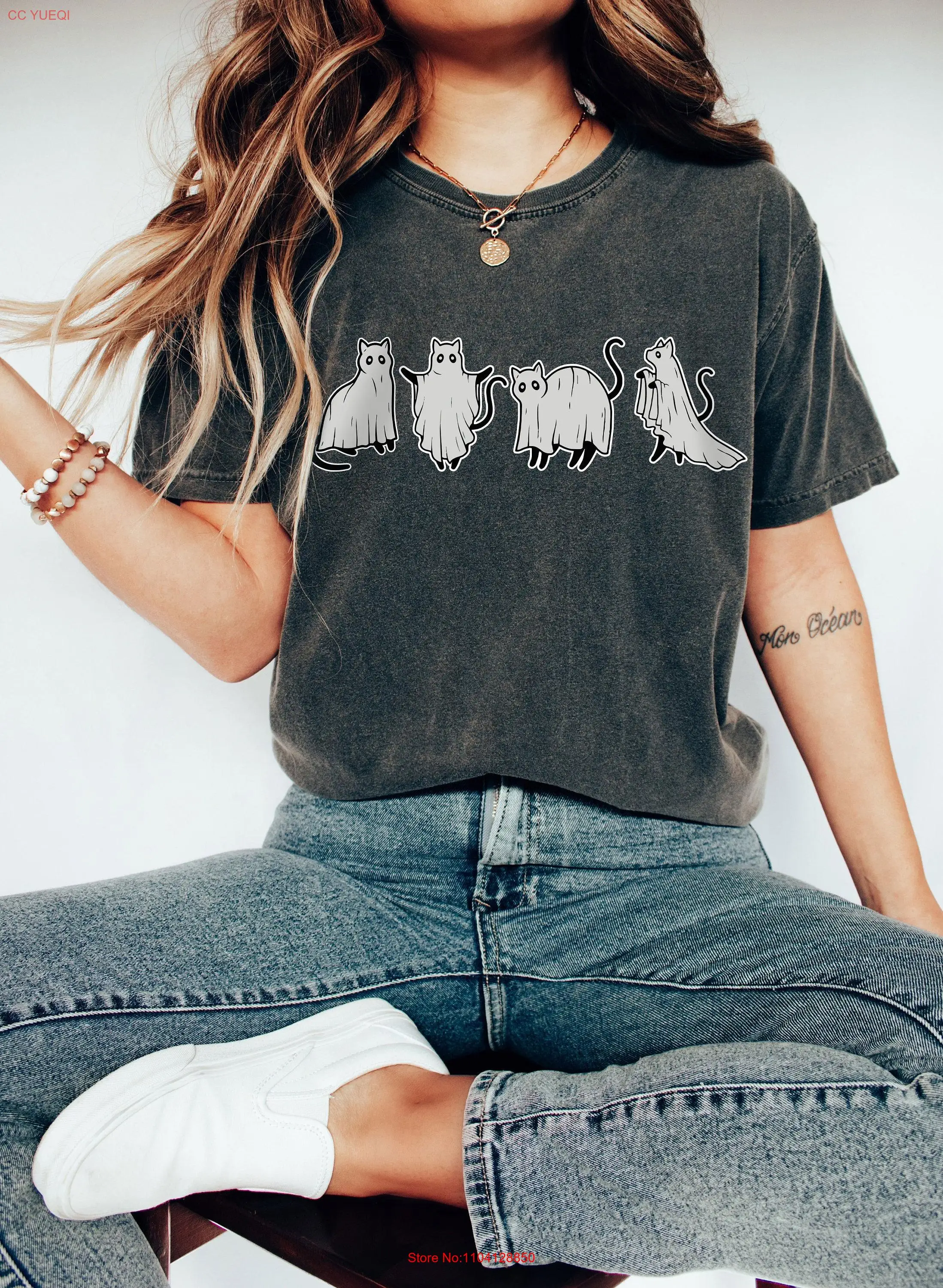 

Cat Ghost Halloween T Shirt Vintage SweaT Fall for Women Lover long or short sleeves
