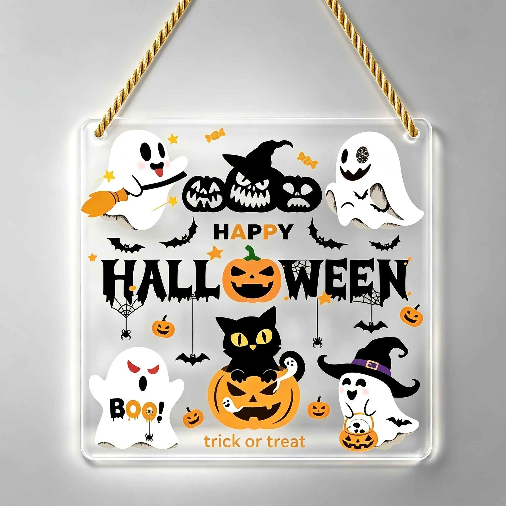 Happy Halloween Square Acrylic Hanging Sign Ghost Pumpkin Black Cat Bat Spider Web Wall Door Hanger Trick Or Treat Home Front Door Party Decor