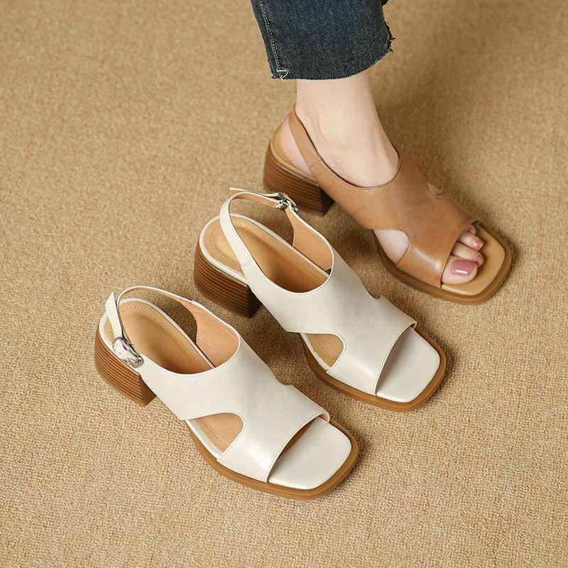 2026 new summer women sandals natural leather 22-25cm cowhide+pigskin open toe ankle-buckle high heel women shoes fashion