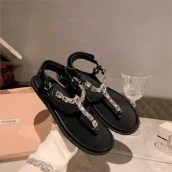 2024 Europe and the United States summer new sparkling rhineshew flat bottom knot double toe flip-flops woman