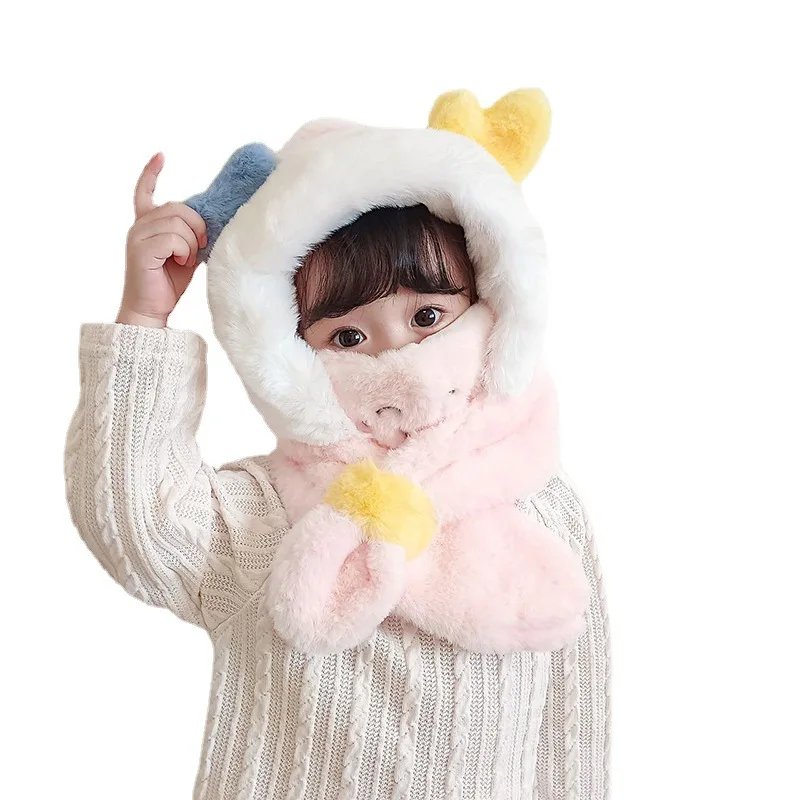 Plush Scarf Hat Autumn Winter Cute Children Cartoon Scarf Masked Hood Cap Double Fleece Warmth Boy Girl Kids Baby Hat