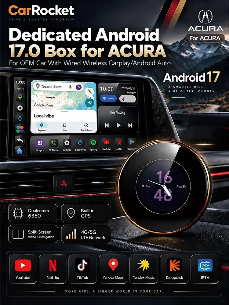 CarRocket Touch Screen Wireless CarPlay Ai Box Android 17 Qualcomm 6350 Built‑in GPS 5G LTE Car Multimedia Adapter For ACURA MDX