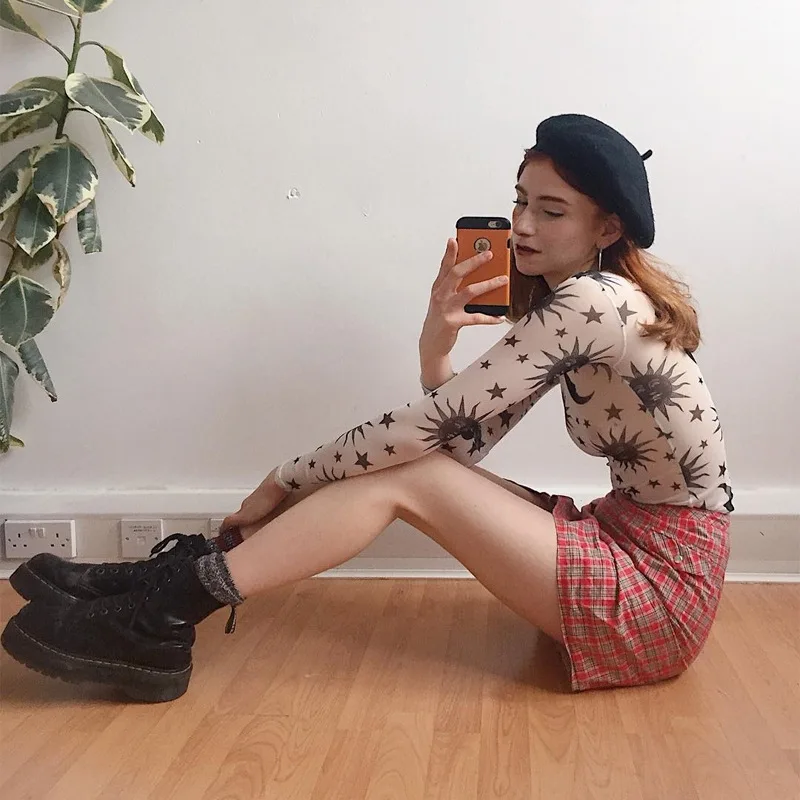 2025 Spring New Sun Moon Printed Transparent Mesh Sexy T-Shirt Women O-Neck Long Sleeve Slim Basic Casual Female Tops