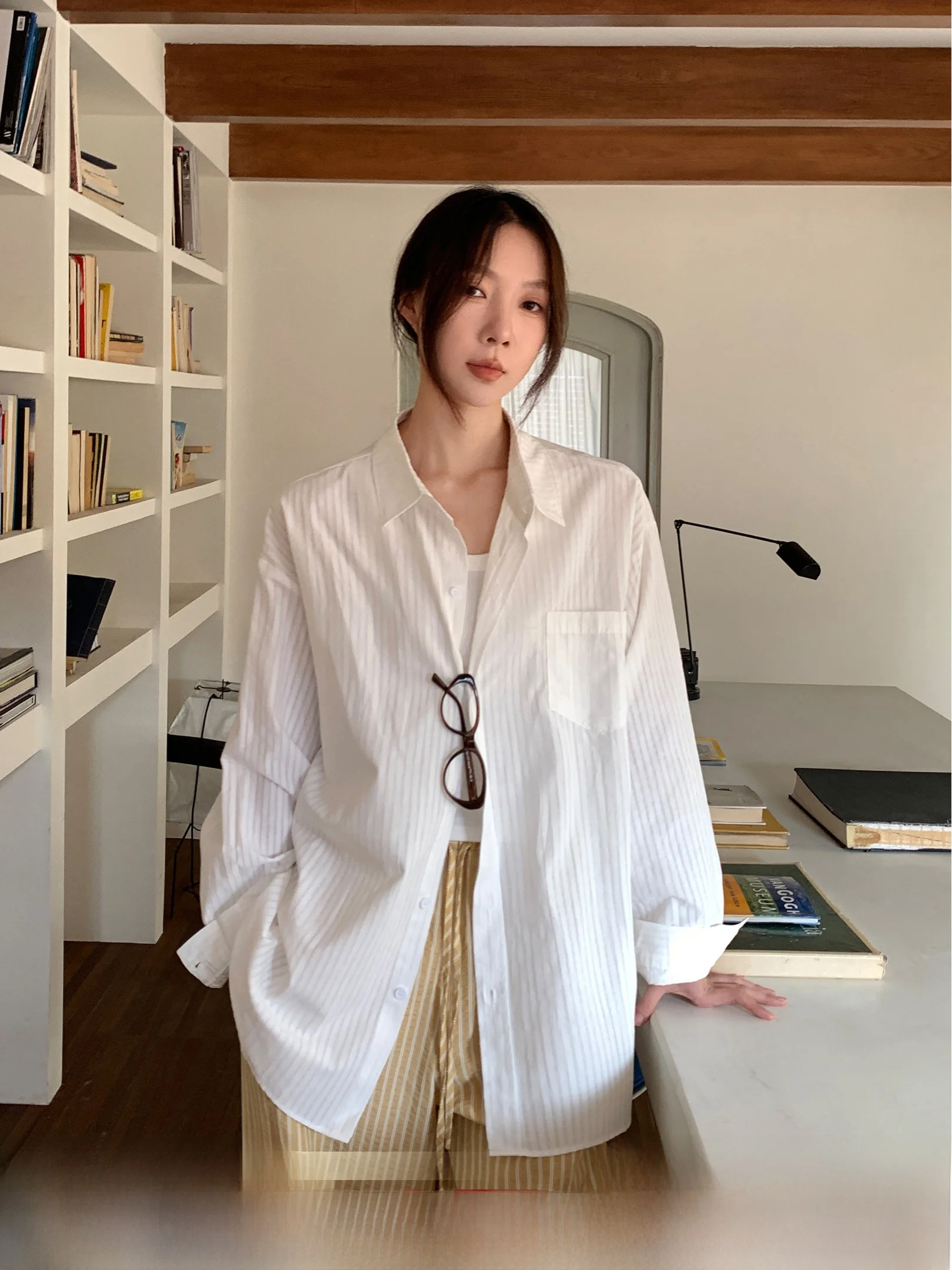 

VS What Casual Loose Fit Long Sve Women's irt Physical Sun Protection See tough Vertical Stripes Spring Summer Cotton