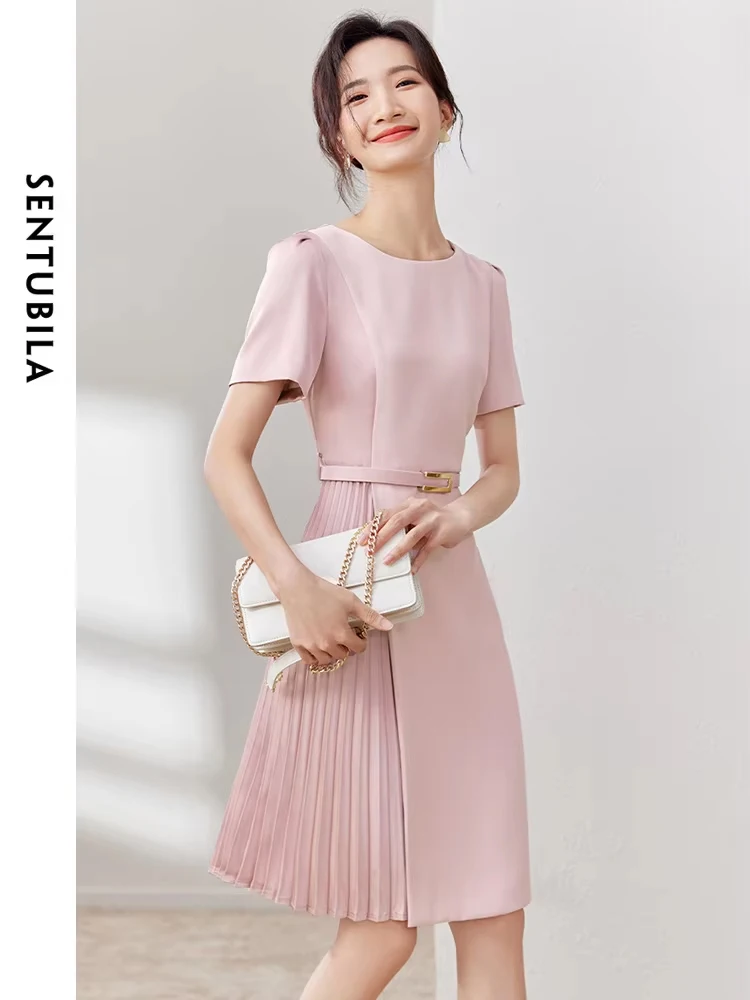 SENTUBILA Elegant Summer Dress for Women 2024 Fashion Ladies Contrast Spliced Pleated Satin Straight Belted Dresses 132L48914