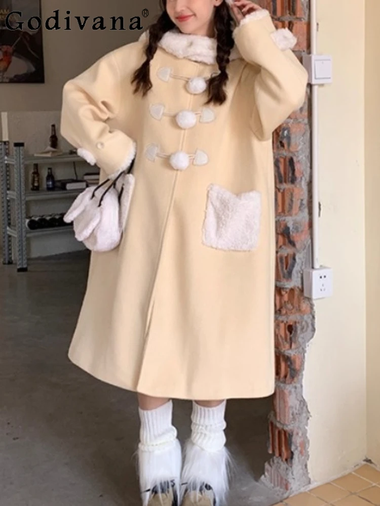 

Women Autumn Winter Mid-length Horn Buckle Woolen Coats Sweet Age-reducing Yellow Loose Age-reducing Playful Long Sleeve Coat