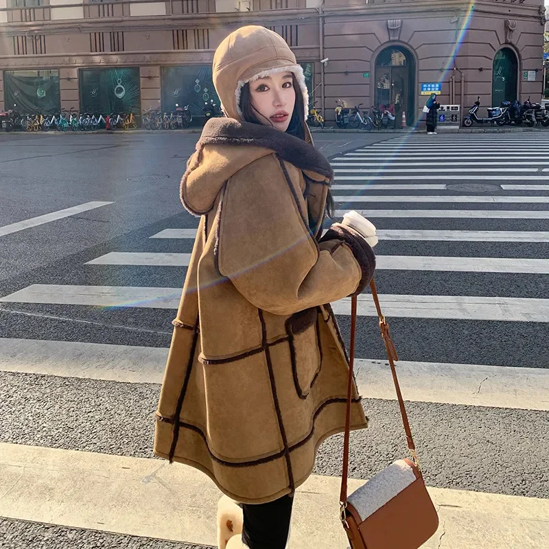 Female Korean Hooded Maillard Lamb Fur Coat, Women\'s Fur Integrated 2024 New Winter Thick High-end Loose Imitation Suede Coat