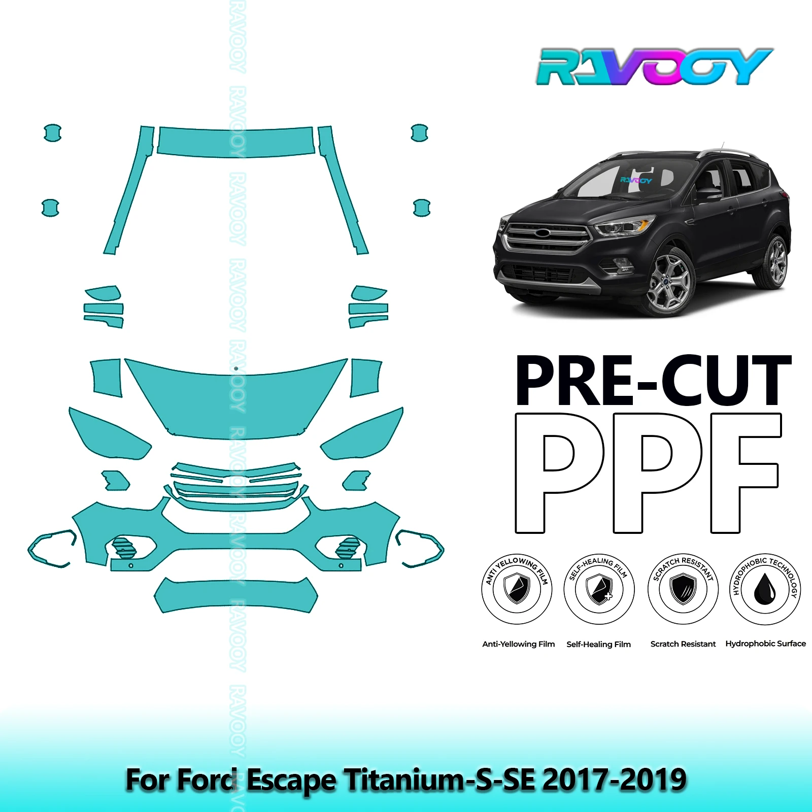 For Ford Escape Titanium-S-SE 2017-2019 Partial Front 8.5Mil Pre-Cut Paint Protection Film PPF Clear Bra Kit | Clear/Matte/Black