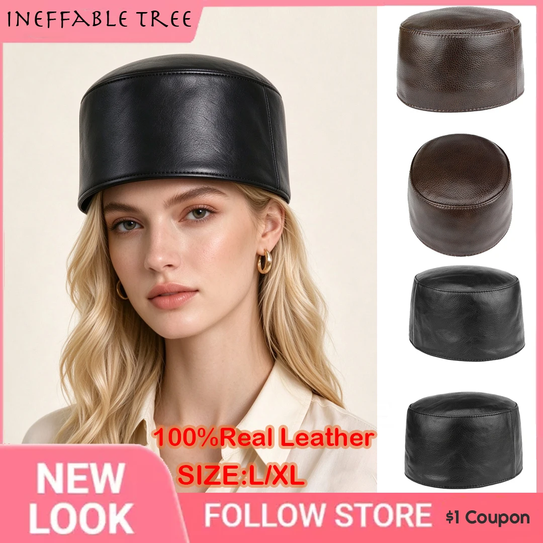 Vintage 100% Real Cowhide Soft Flat Top Fedoras Hats for Women Retro Genuine Leather Pillbox Bucket Hat Elegant Solid Berets Cap