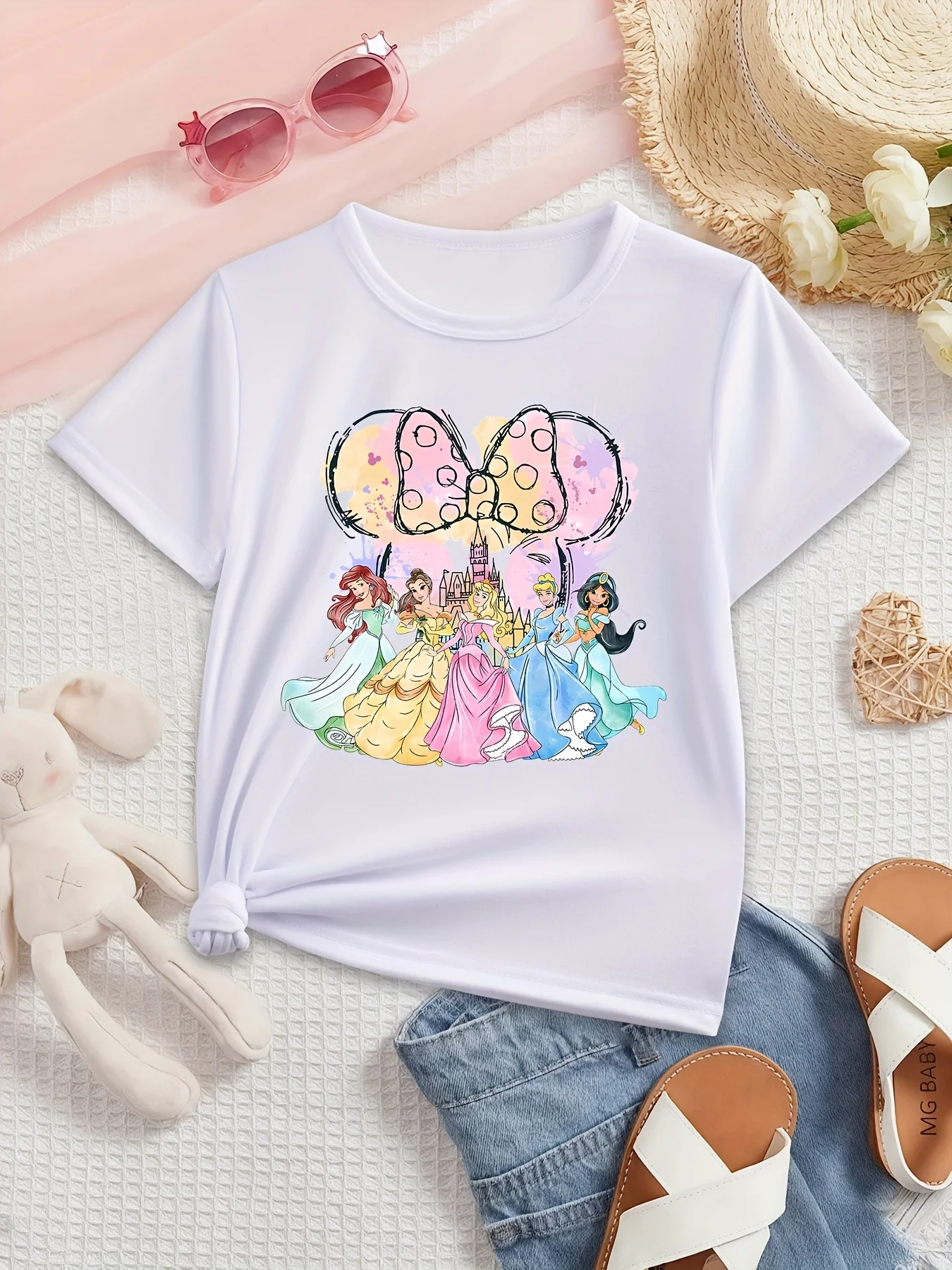 تي شيرت MINISO صيفي للفتيات بأكمام قصيرة من Disney Castle Princess Elements طباعة على الوجهين #2
