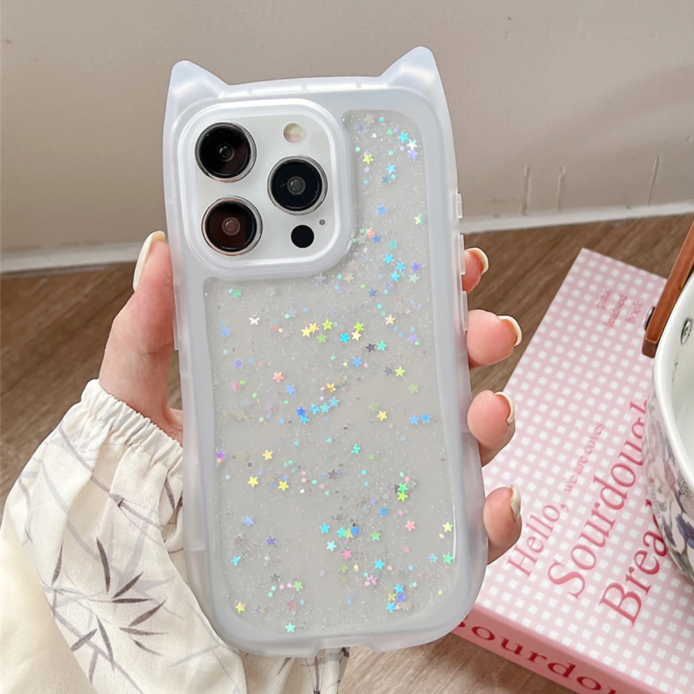 Cute Cat Ears Glitter Silicone Clear Phone Case For iPhone 16 15 14 13 12 11 Pro Max 3D Cartoon Shockproof Protection Back Cover