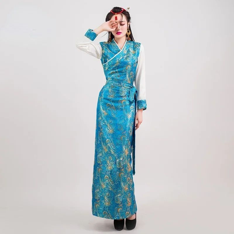 

Tibetan Dress Blue Red Long Dress Women Oriental Qipao Lhasa Bora Clothing Satin Robes Cheongsams National Style Chinese Skirt