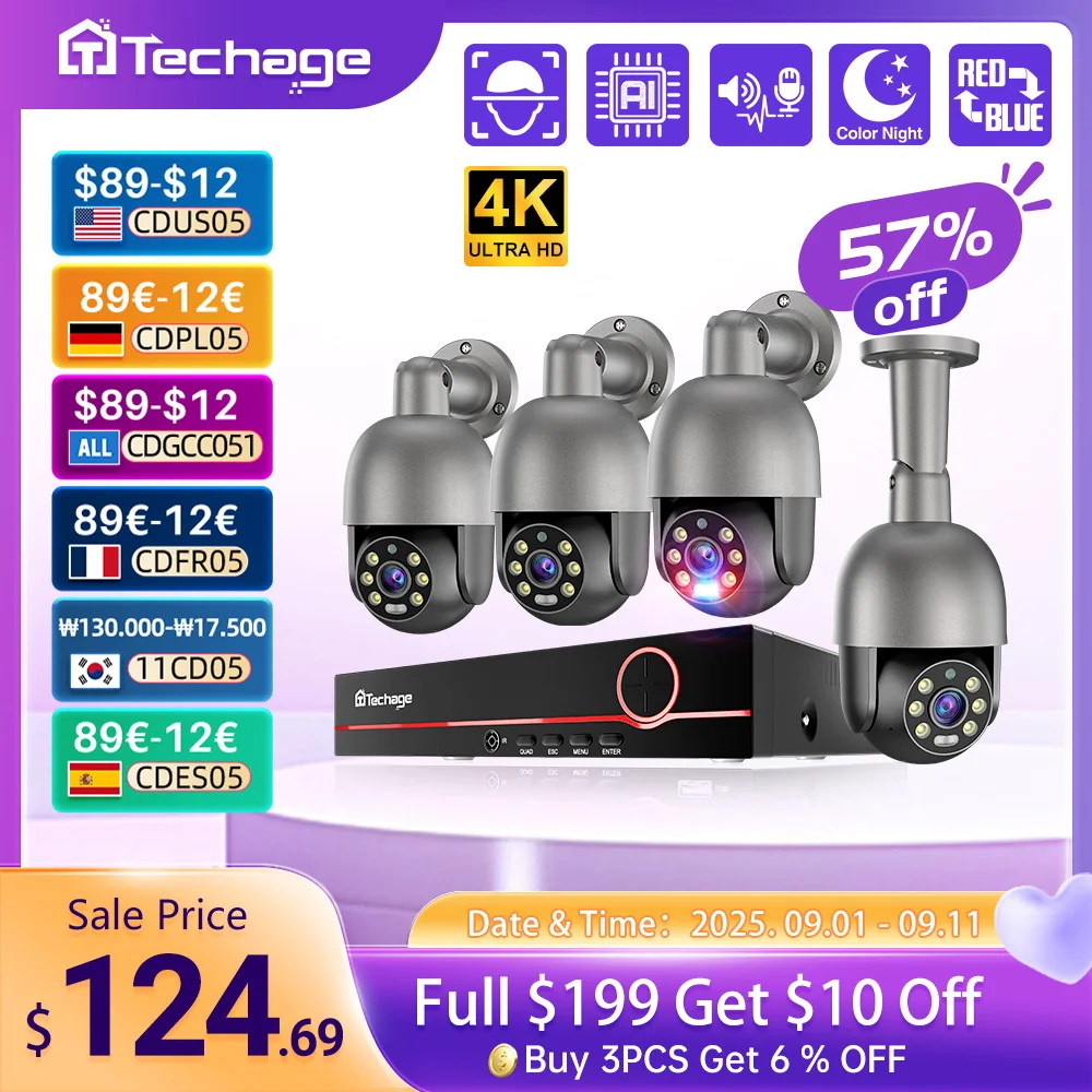 

Techage UHD 8CH 4K PTZ POE Security Camera System 2K 5MP Color Night Vision CCTV Video Surveillance Protection Kit Human Detect