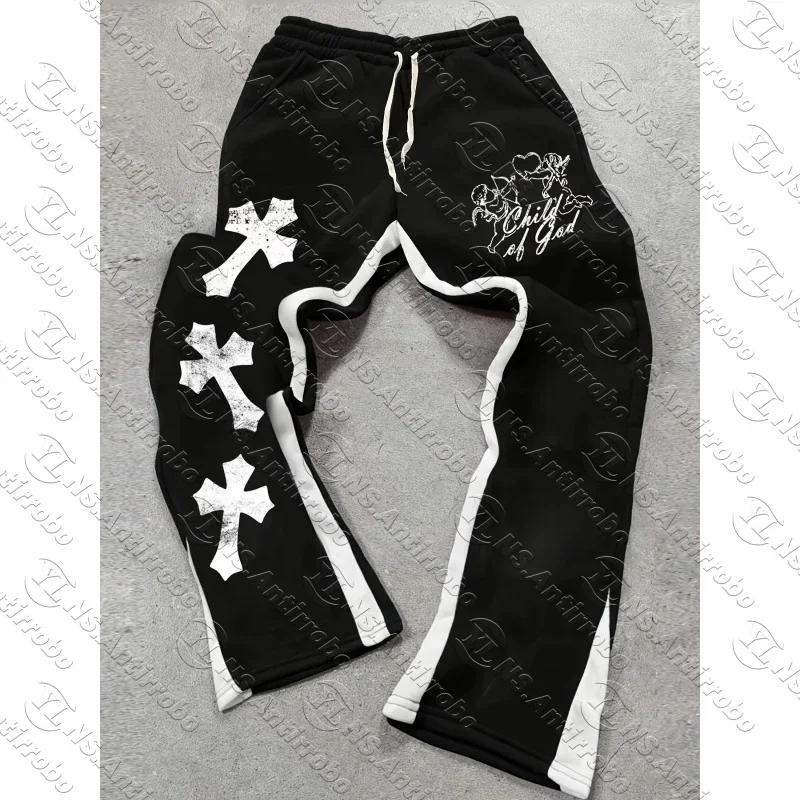 Men's Casual Street Style Trendy Cross Print Fashionable Black and White Color-Block Design Sweatpants Men Pants