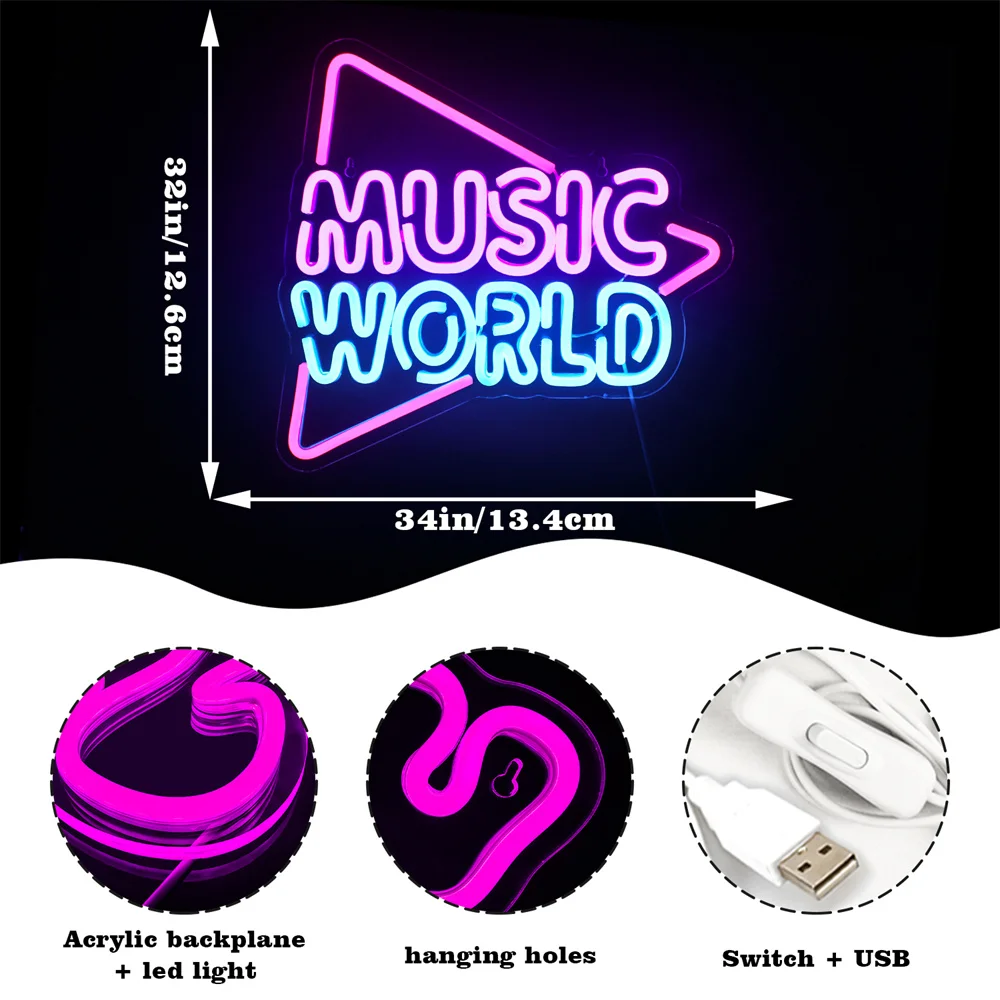Music World Neon Signs and Letters Lights, Azul e Roxo, Hanging Room Decor, Jogo de LED, Clube, Music Bar Party, Decoração de parede