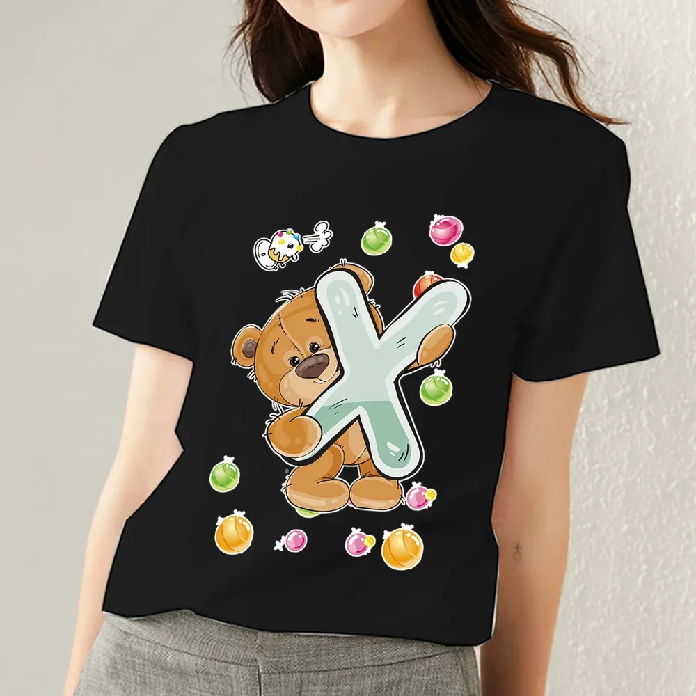 T-shirt oversize da donna in cotone a maniche corte con stampa orsetto e lettere inglesi, stile casual comodo