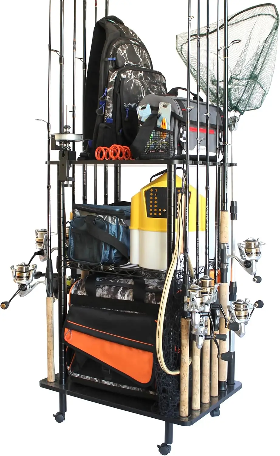 

Garage Fishing Rod Holder Rack for Up to 12 Rods and Reels - Mobile Storage Organizer