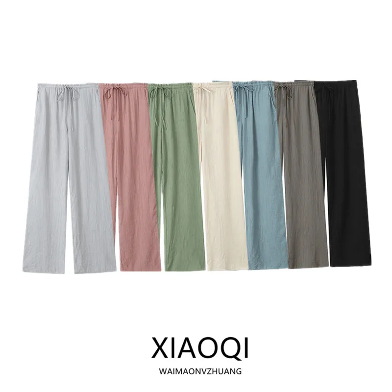 กางเกงขายาวทรงตรงเอวสูงผ้ามีเท็กซ์เจอร์แฟชั่นผู้หญิงฤดูร้อนมาใหม่กางเกงลำลองอเนกประสงค์กางเกงขายาวเอวสูง
