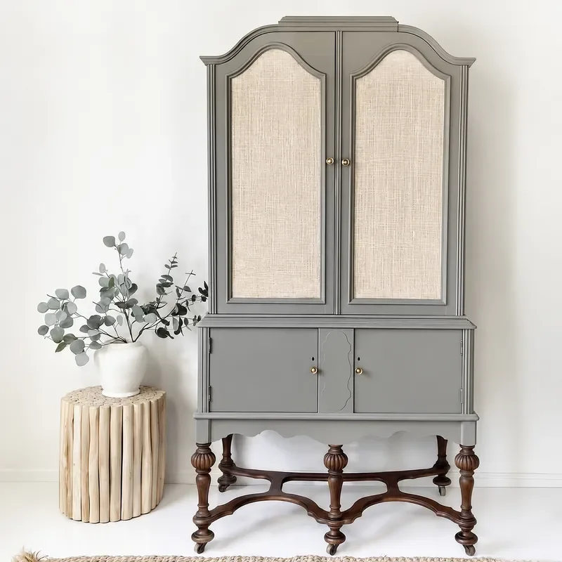 Retro Rattan Dining Side Cabinet Solid Wood Double Door Locker Living Room Wine Cabinet Furniture Multifunctional Storage