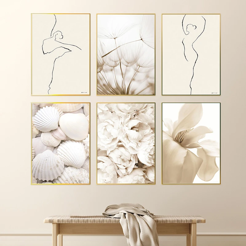 Nordic Wall Art White Shell Beach Flower Dandelion Posters Canvas Painting and Prints Wall Pictures for Living Room Home Deco