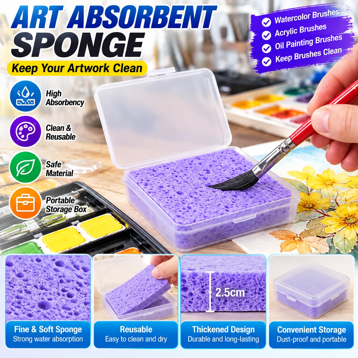 1 Pc Box Watercolor Painting Sponge Super Absorbent Sponge Art Supplies Painting Brush Cleaning Sponge
