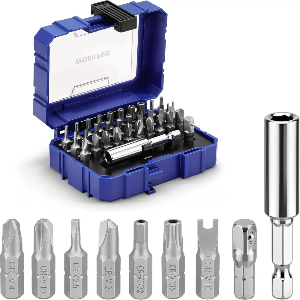 

32-Piece Security Bit Set with Magnetic Holder, 1/4 Adapter, and Stackable Storage for Comprehensive Repair Needs