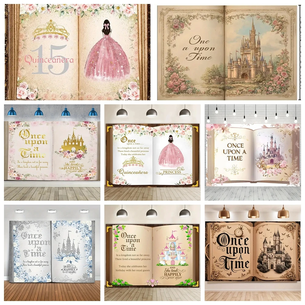 

Retro Fairy Tale Book Background Banner Princess Castle Floral Decoration Kids Birthday Coming Of Age Party Photography Props