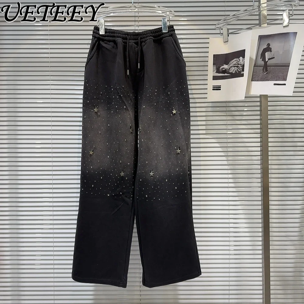 

2024 Autumn New Black Casual Pants Women's Niche Starry Sky Rhinestone Beaded Gradient Design Baggy Straight Pants Long Trousers